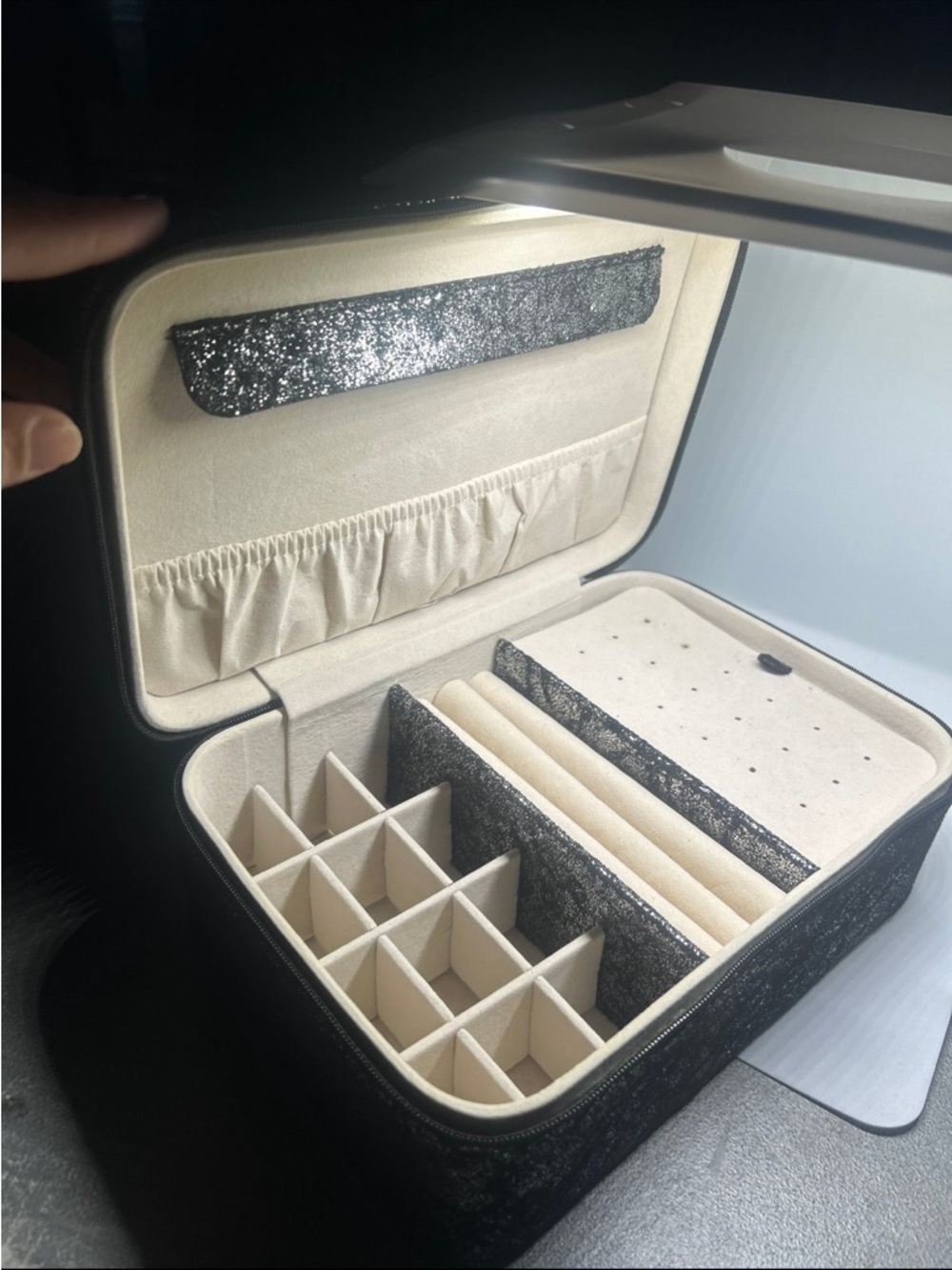 Glitter Black Jewelry Storage Case with Multiple Compartments